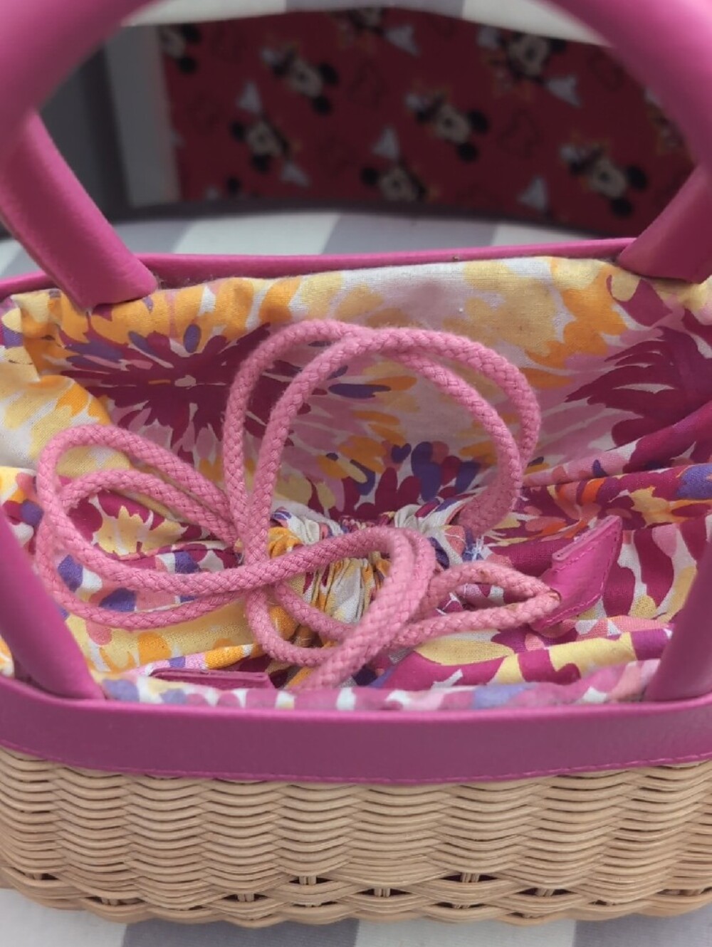 Pink Trim SMALL Woven Basket Tote with Floral Drawstring - Picture 4 of 12